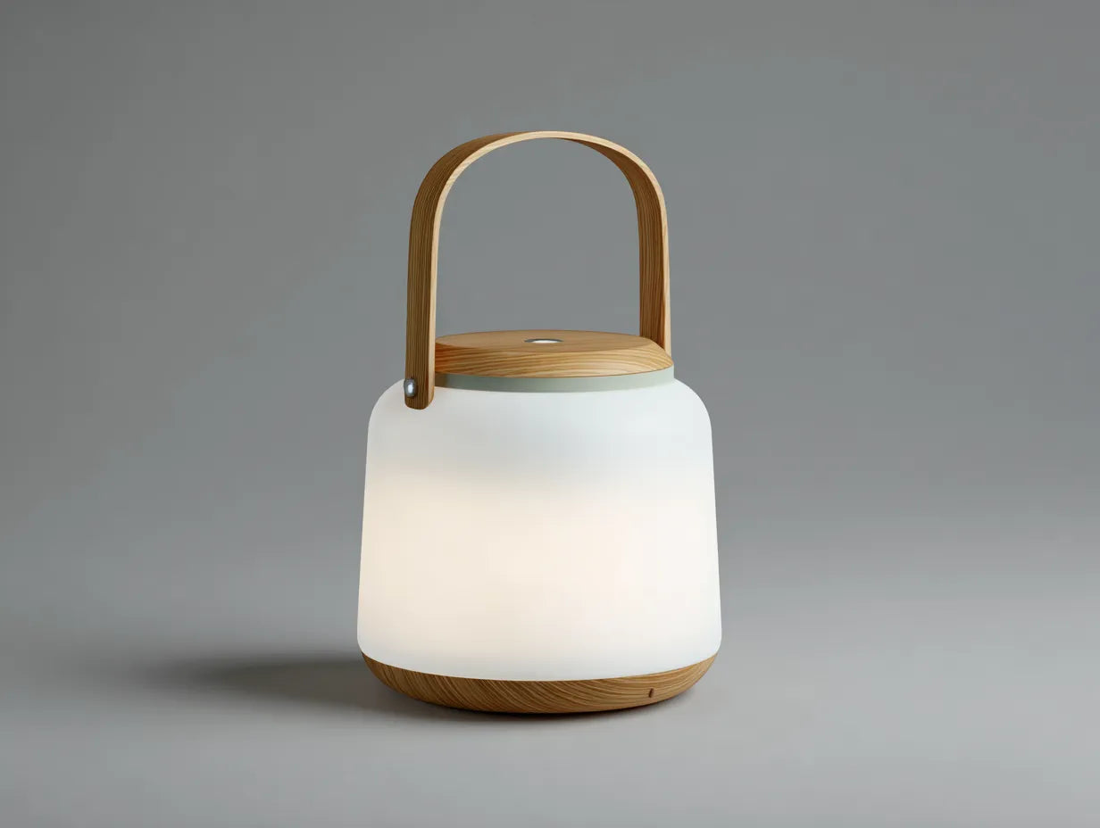 LED-Handlaterne Kunststoff und Holz 18×18×30 cm Weiß/Hellbraun – kompakte Außenleuchte mit Rundgriff