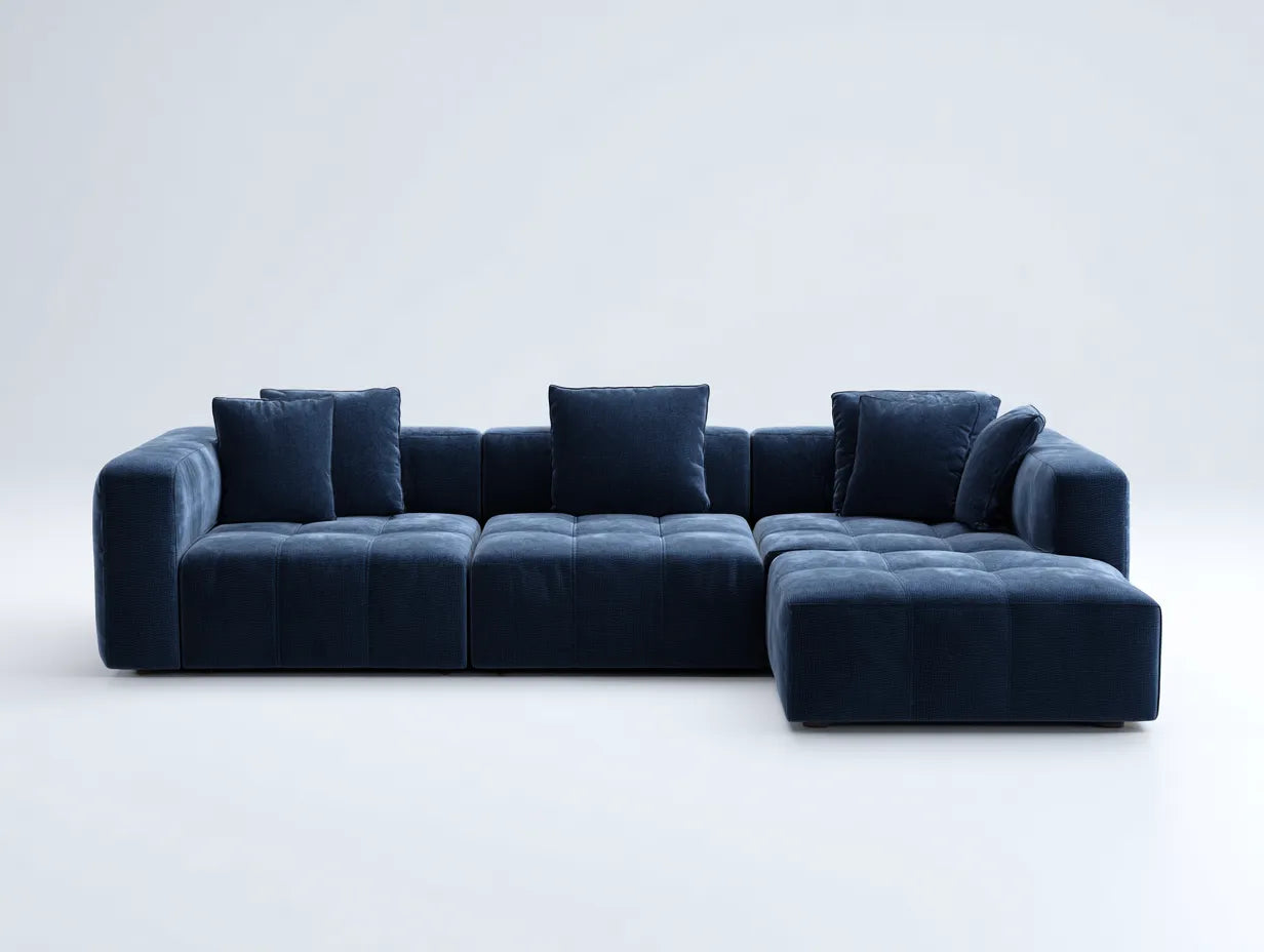 Wohnzimmer Sofa Stoff 306×172×72 cm Dunkelblau – kubische Komfortform mit Chaiselounge