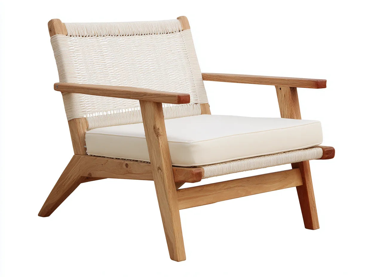 Sessel Holz Stoff und Seilgeflecht 75×83×80 cm Weiß/Hellbraun – luftiger Relaxsessel für Wohnzimmer