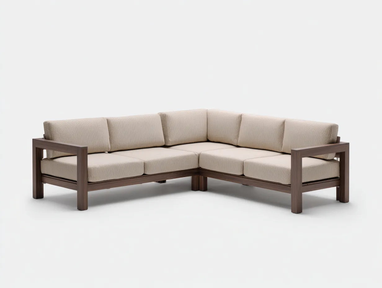Wohnzimmer Sofa 245x215x78 cm Beige Stoff Braun Holzrahmen - moderne Eckform