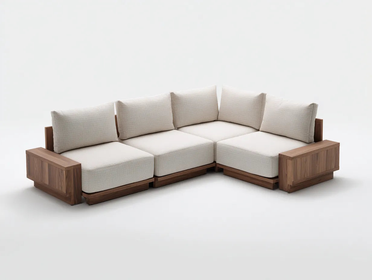 Wohnzimmer Sofa 255x225x76 cm Beige Stoff Braun Holz - niedrige Lounge Eckform